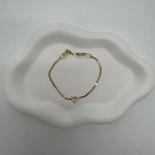 Çelik Ezme Pul Detay Taşlı Kalp Bileklik - Gold - 3