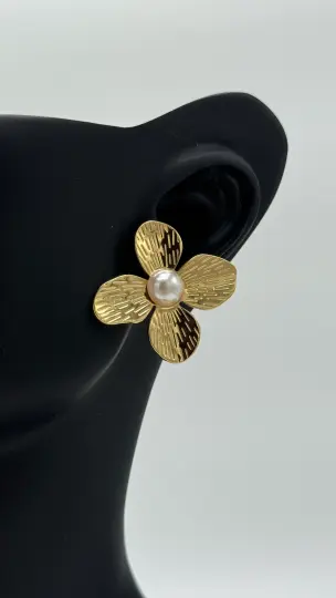 Çelik Gold İnci Detaylı Büyük Küpe - 1