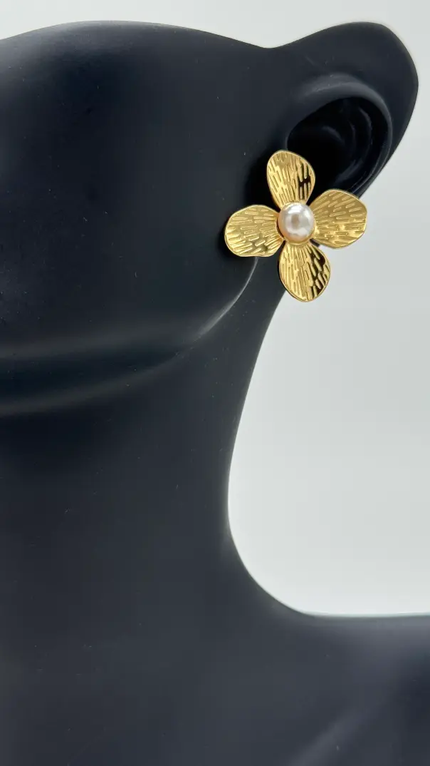 Çelik Gold İnci Detaylı Büyük Küpe - 3