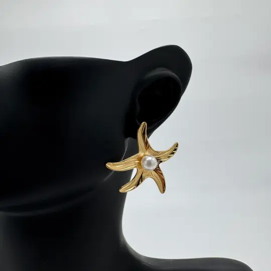 Çelik Gold Yıldız İnci Detay Büyük Küpe - 1