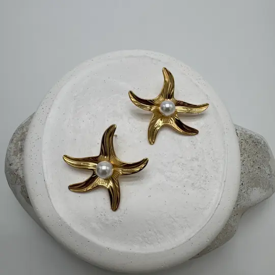 Çelik Gold Yıldız İnci Detay Büyük Küpe - 3