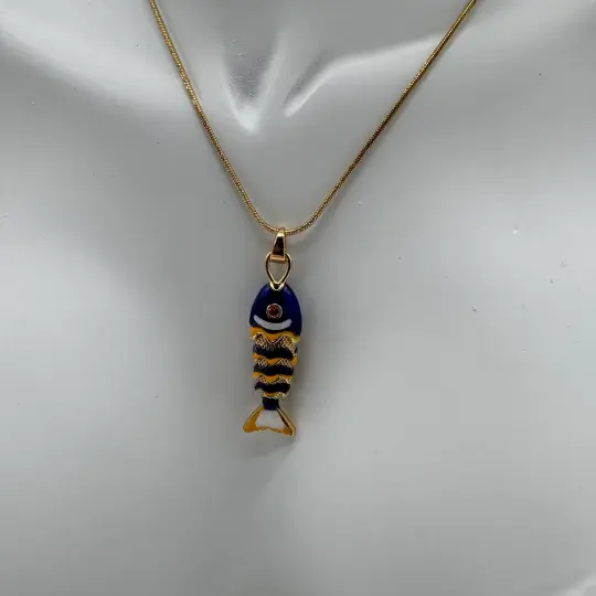 Çelik Lacivert Balık Kolye - Gold - 2