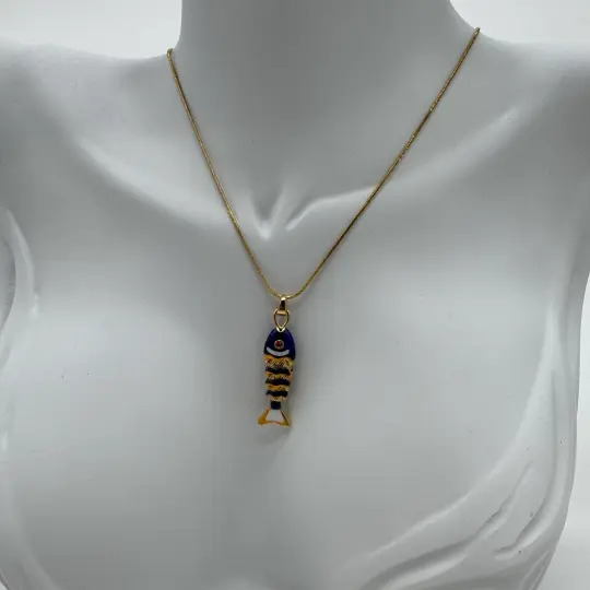 Çelik Lacivert Balık Kolye - Gold - 3