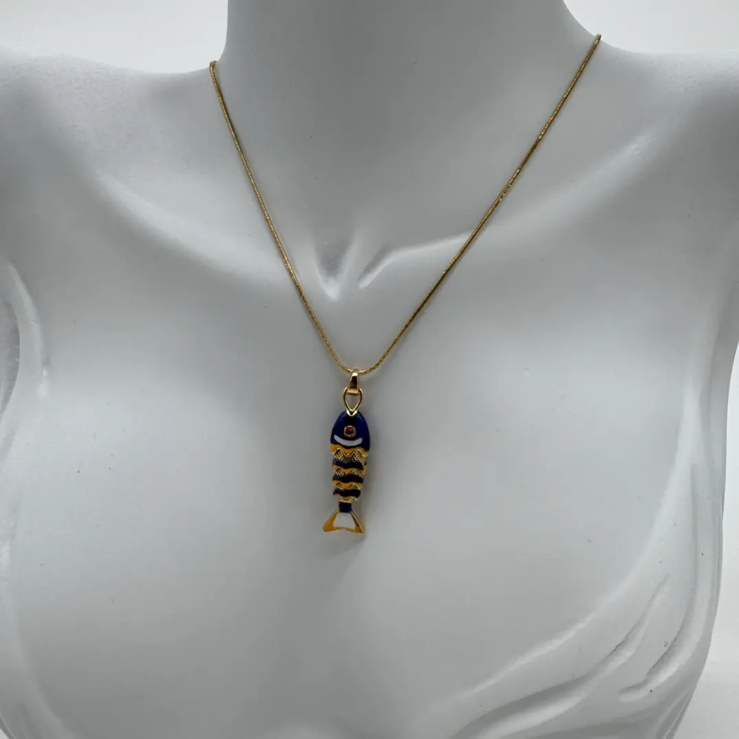 Çelik Lacivert Balık Kolye - Gold - 3