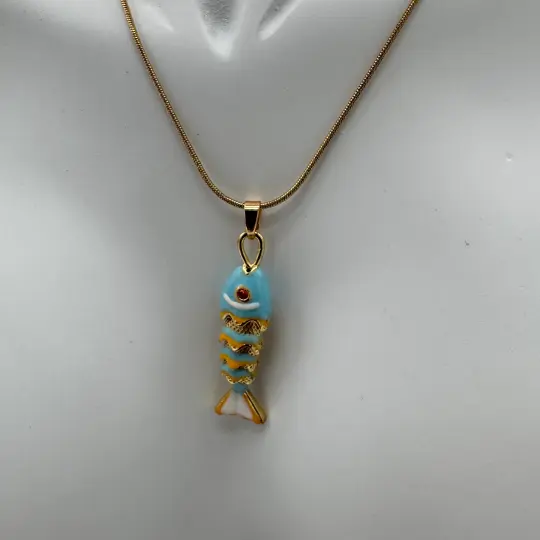 Çelik Mavi Balık Kolye - Gold - 2