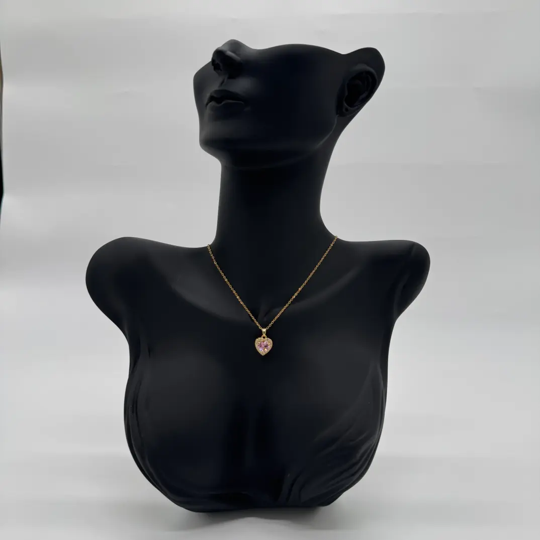 Çelik Pembe Zirkon Taşlı Prenses Model Kalp Kolye - Gold - 1