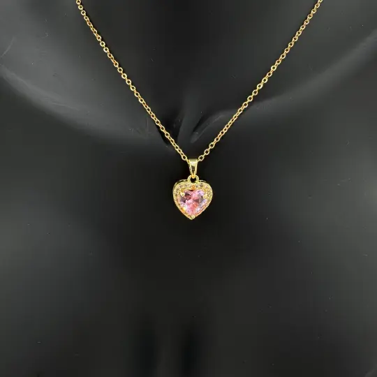 Çelik Pembe Zirkon Taşlı Prenses Model Kalp Kolye - Gold - 2
