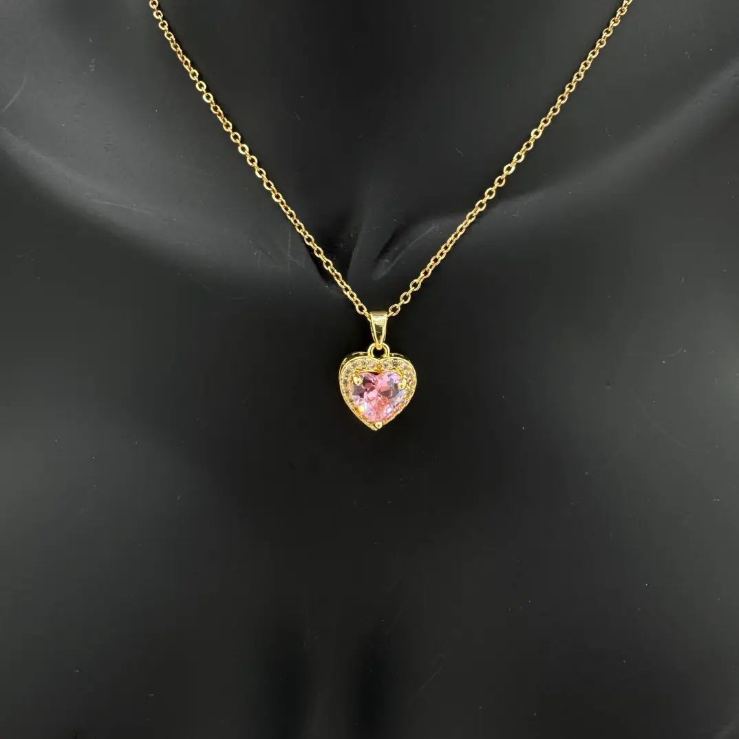 Çelik Pembe Zirkon Taşlı Prenses Model Kalp Kolye - Gold - 2