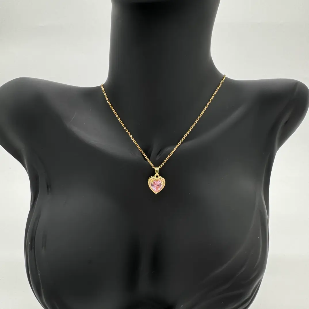 Çelik Pembe Zirkon Taşlı Prenses Model Kalp Kolye - Gold - 3