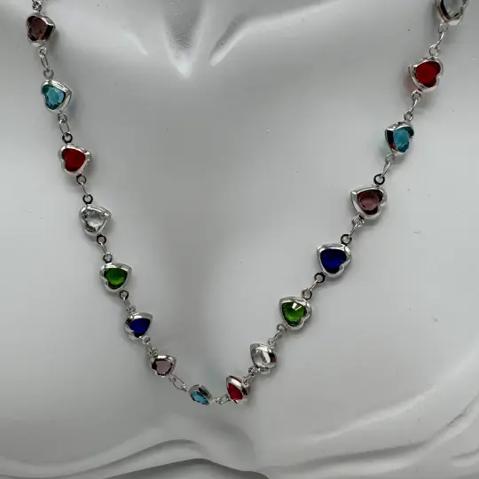 Çelik Silver Kalp Renkli Taş Kolye - 2