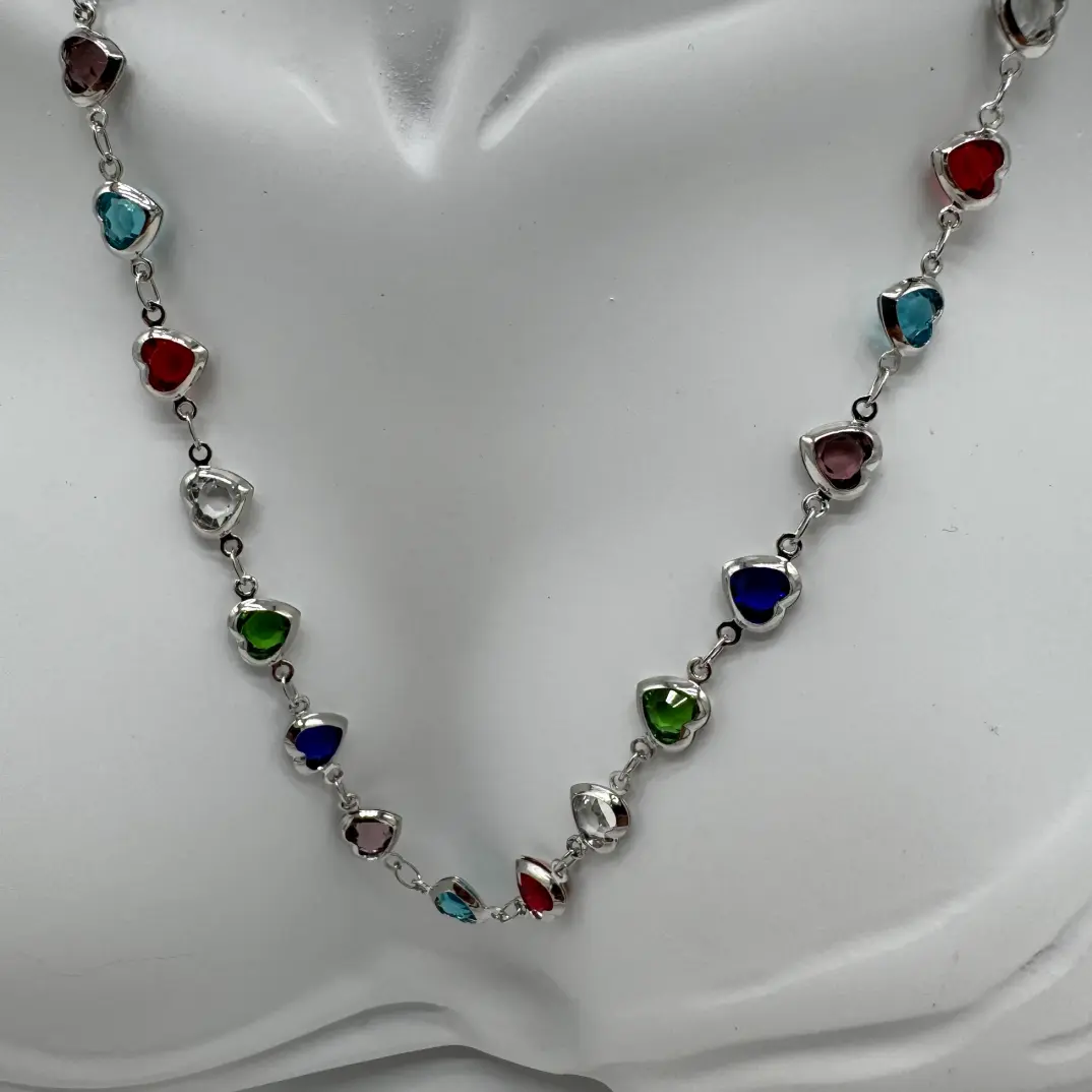 Çelik Silver Kalp Renkli Taş Kolye - 2