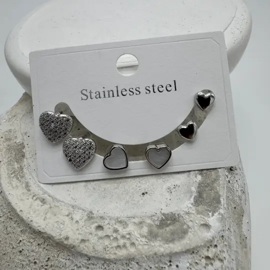 Çelik Silver Set 3 Çift Kalp Küpe - 1