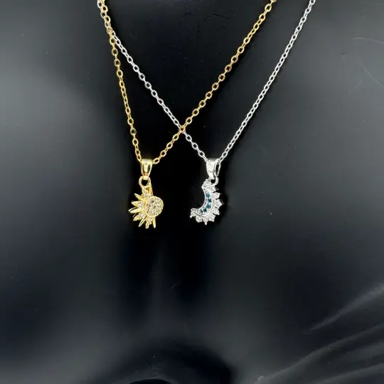 Çelik Taşlı Güneş Ve Ay Çift Arkadaşlık Kolyesi - Gold - Silver - 2