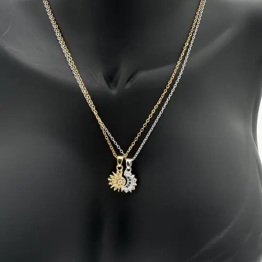 Çelik Taşlı Güneş Ve Ay Çift Arkadaşlık Kolyesi - Gold - Silver - 3