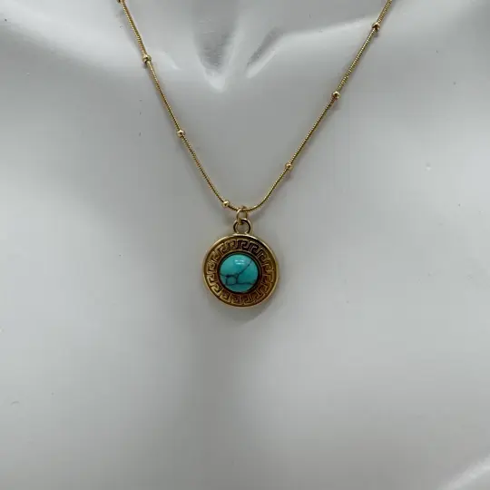 Çelik Vintage Mavi Taş Detay Yuvarlak Gold Kolye - 2