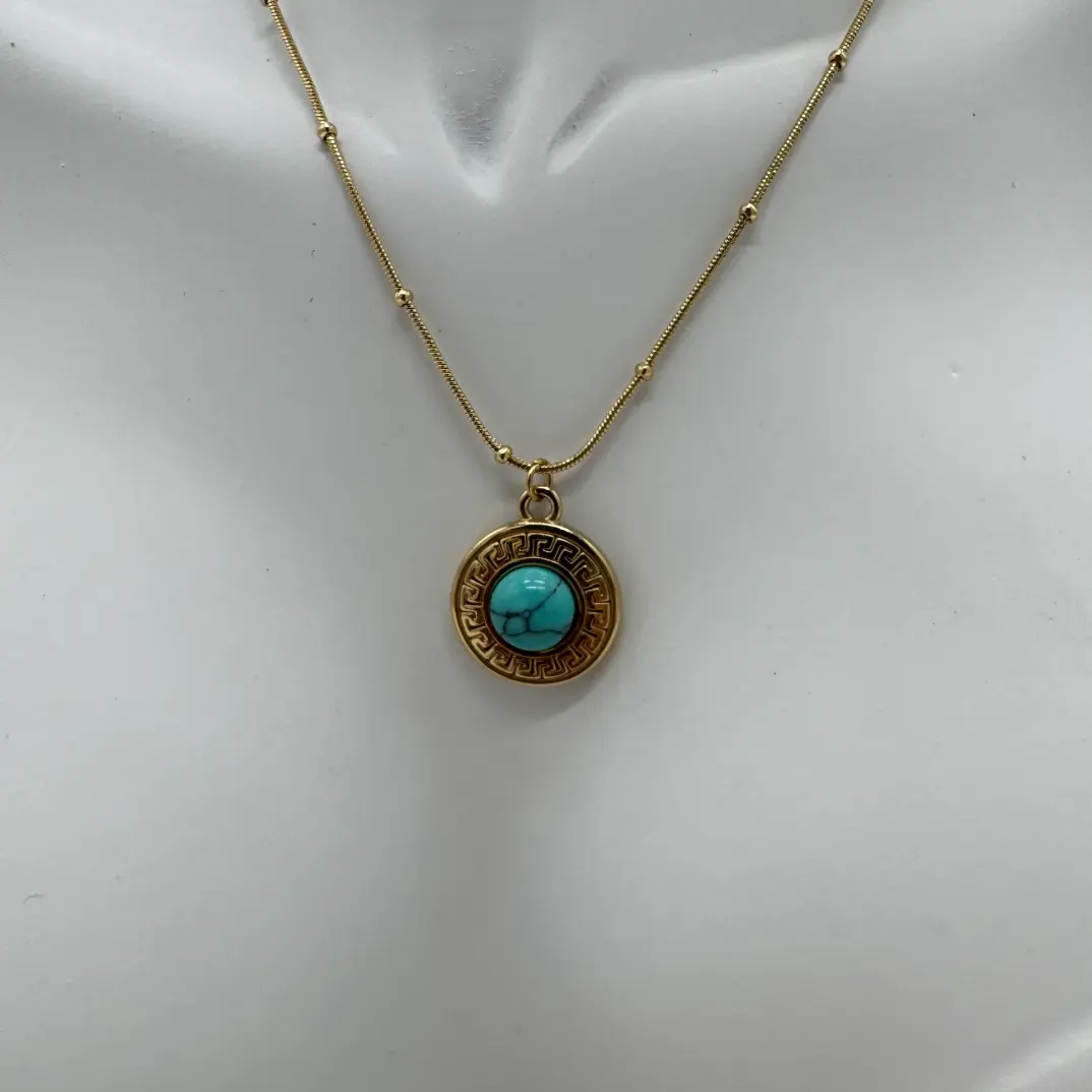 Çelik Vintage Mavi Taş Detay Yuvarlak Gold Kolye - 2