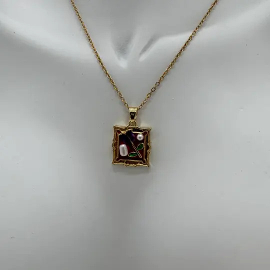 Çelik Vintage Sanat Kolye Serisi: Kırmızı Tablo Çiçek Detay - Gold - 2