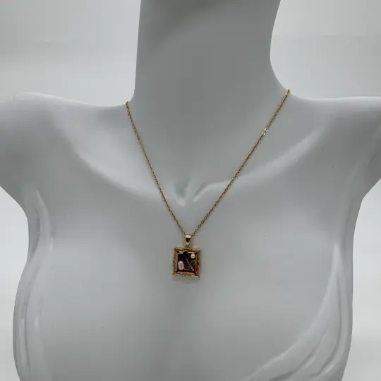 Çelik Vintage Sanat Kolye Serisi: Kırmızı Tablo Çiçek Detay - Gold - 3