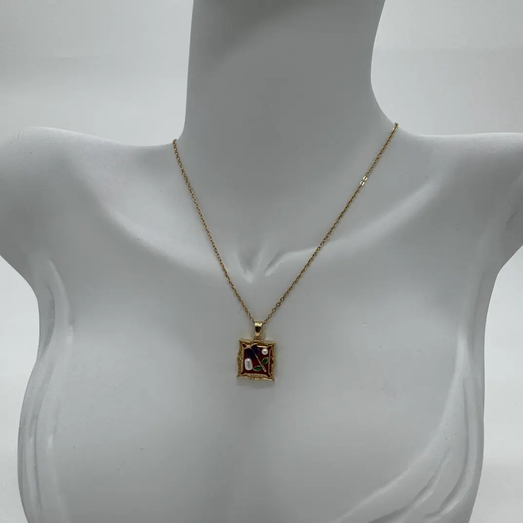 Çelik Vintage Sanat Kolye Serisi: Kırmızı Tablo Çiçek Detay - Gold - 3