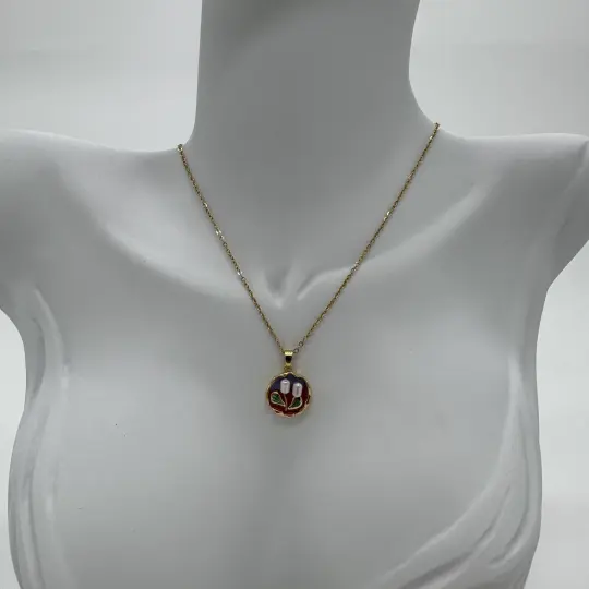 Çelik Vintage Sanat Kolye Serisi: Yuvarlak Model İnci Detay - Gold - 3