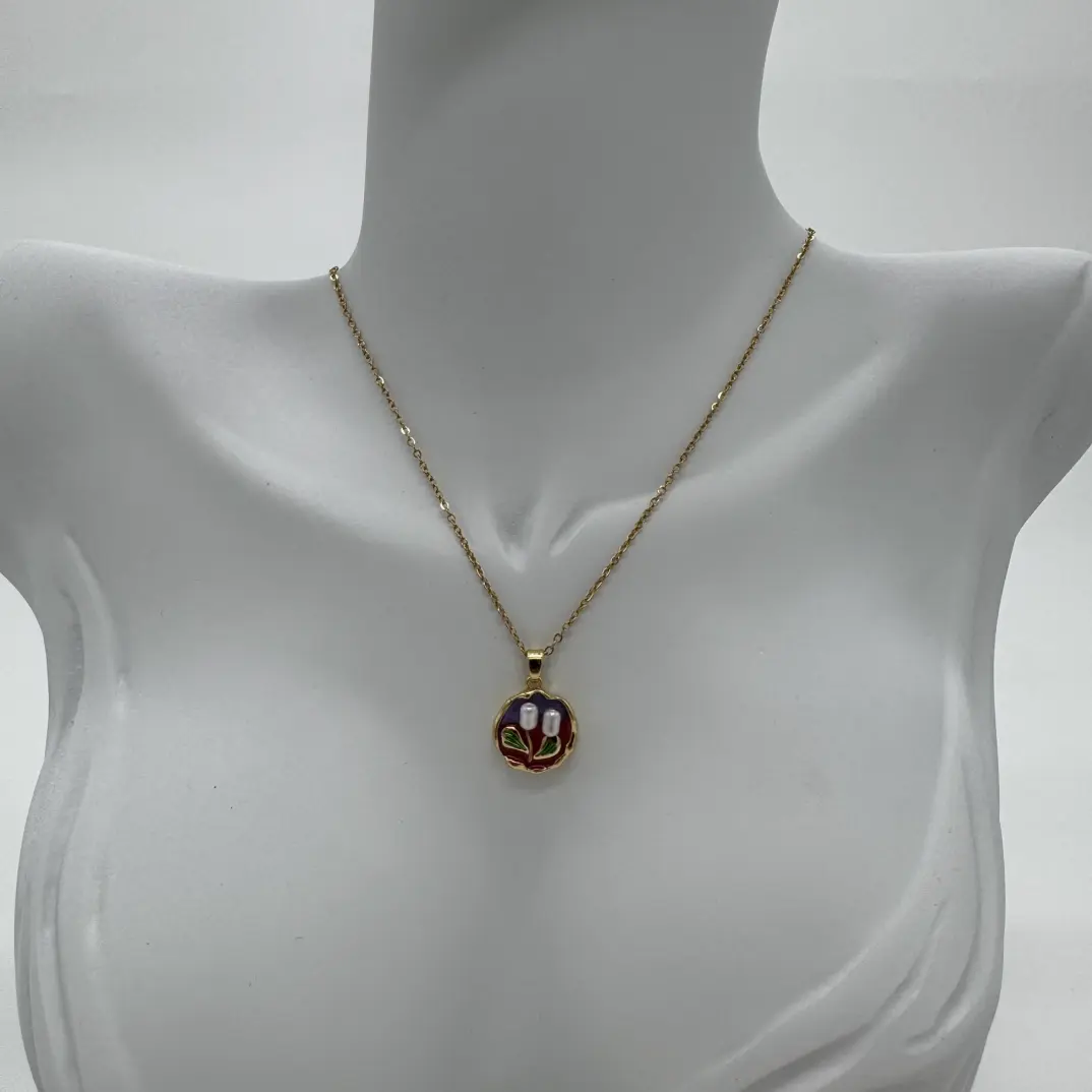 Çelik Vintage Sanat Kolye Serisi: Yuvarlak Model İnci Detay - Gold - 3