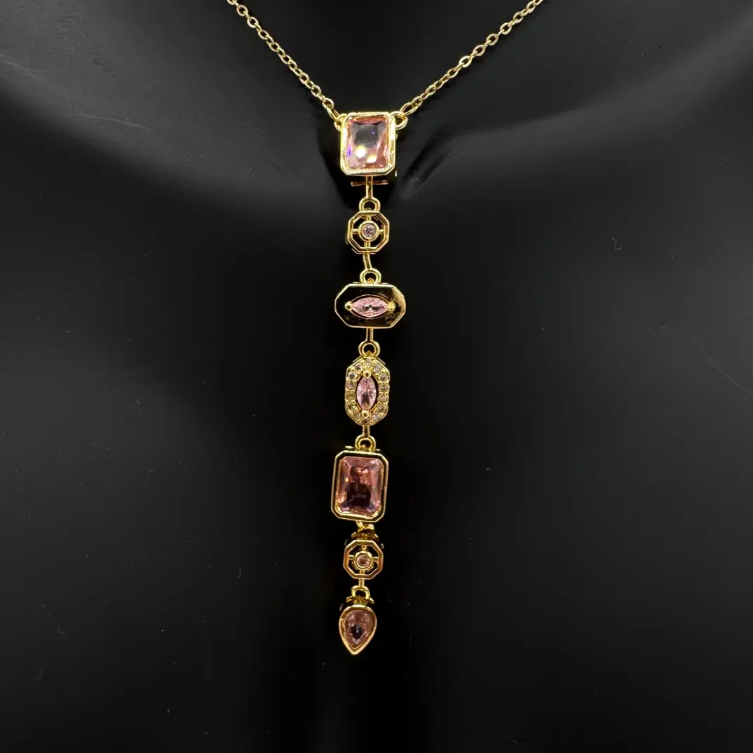 Çelik Yedi Element Y Kolye Gold Pembe Taş Detay - 2