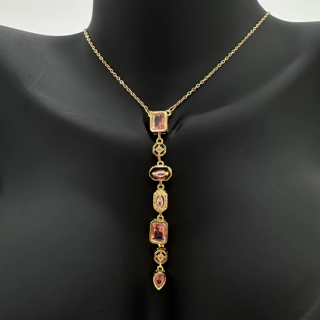 Çelik Yedi Element Y Kolye Gold Pembe Taş Detay - 3