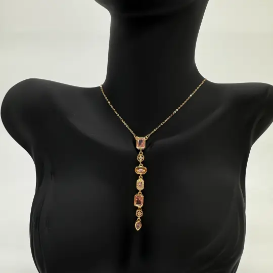 Çelik Yedi Element Y Kolye Gold Pembe Taş Detay - 4