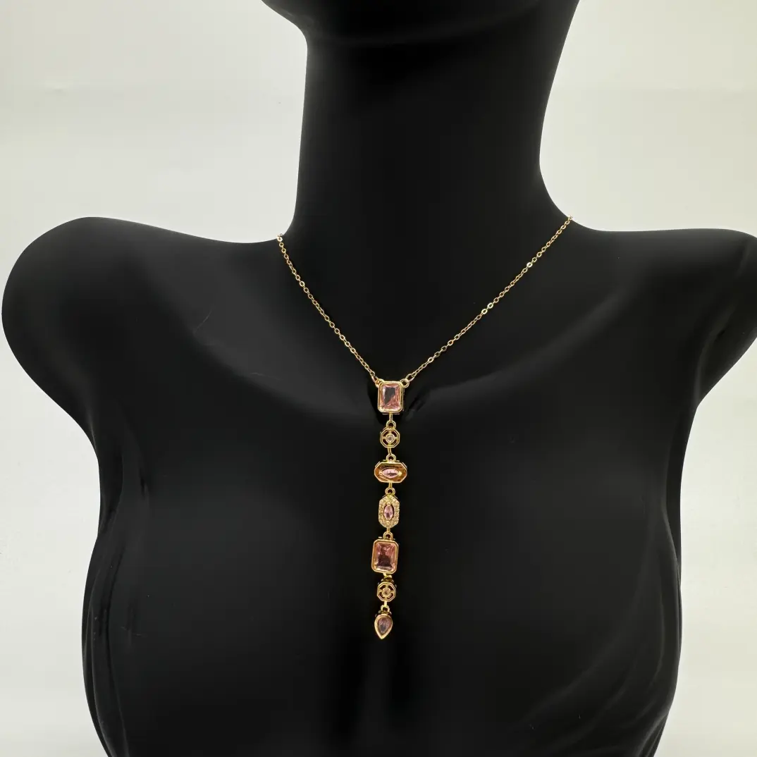 Çelik Yedi Element Y Kolye Gold Pembe Taş Detay - 4