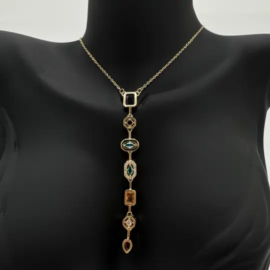 Çelik Yedi Element Y Kolye Gold Renkli Taş Detay - 3