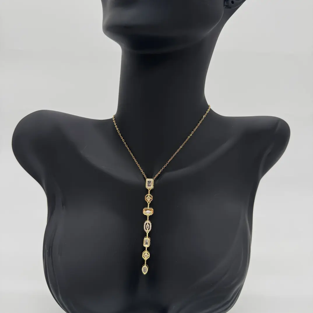 Çelik Yedi Element Y Kolye Gold Taşlı Detay - 4