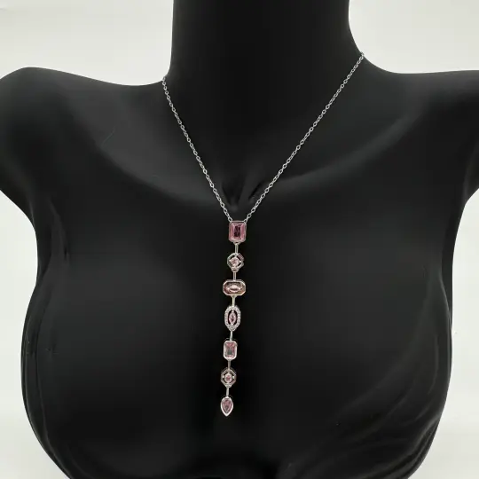 Çelik Yedi Element Y Kolye Silver Pembe Taş Detay - 4