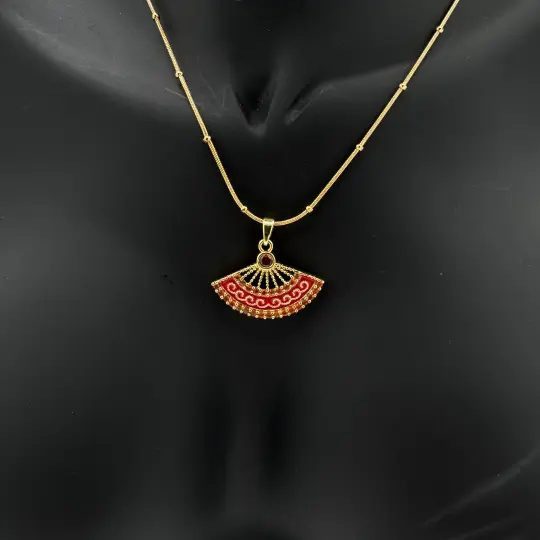 Çelik Yelpaze Kırmızı Trend Model Gold Kolye - 2