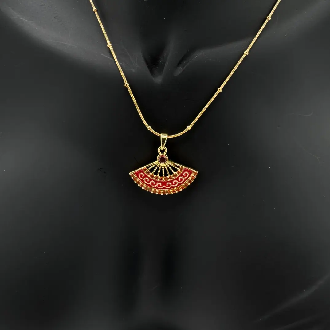 Çelik Yelpaze Kırmızı Trend Model Gold Kolye - 2