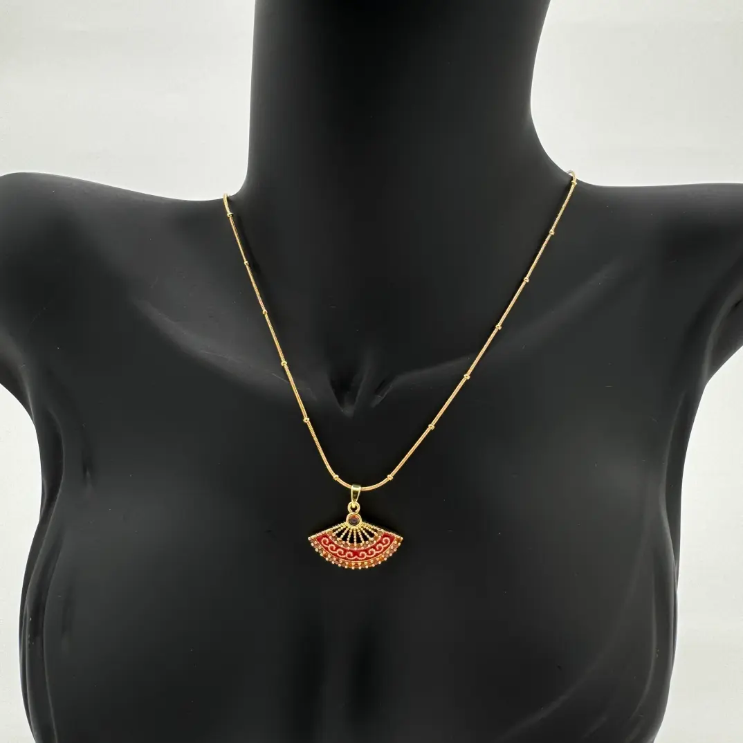 Çelik Yelpaze Kırmızı Trend Model Gold Kolye - 3