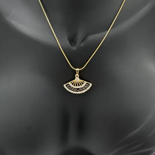 Çelik Yelpaze Siyah Trend Model Gold Kolye - 2