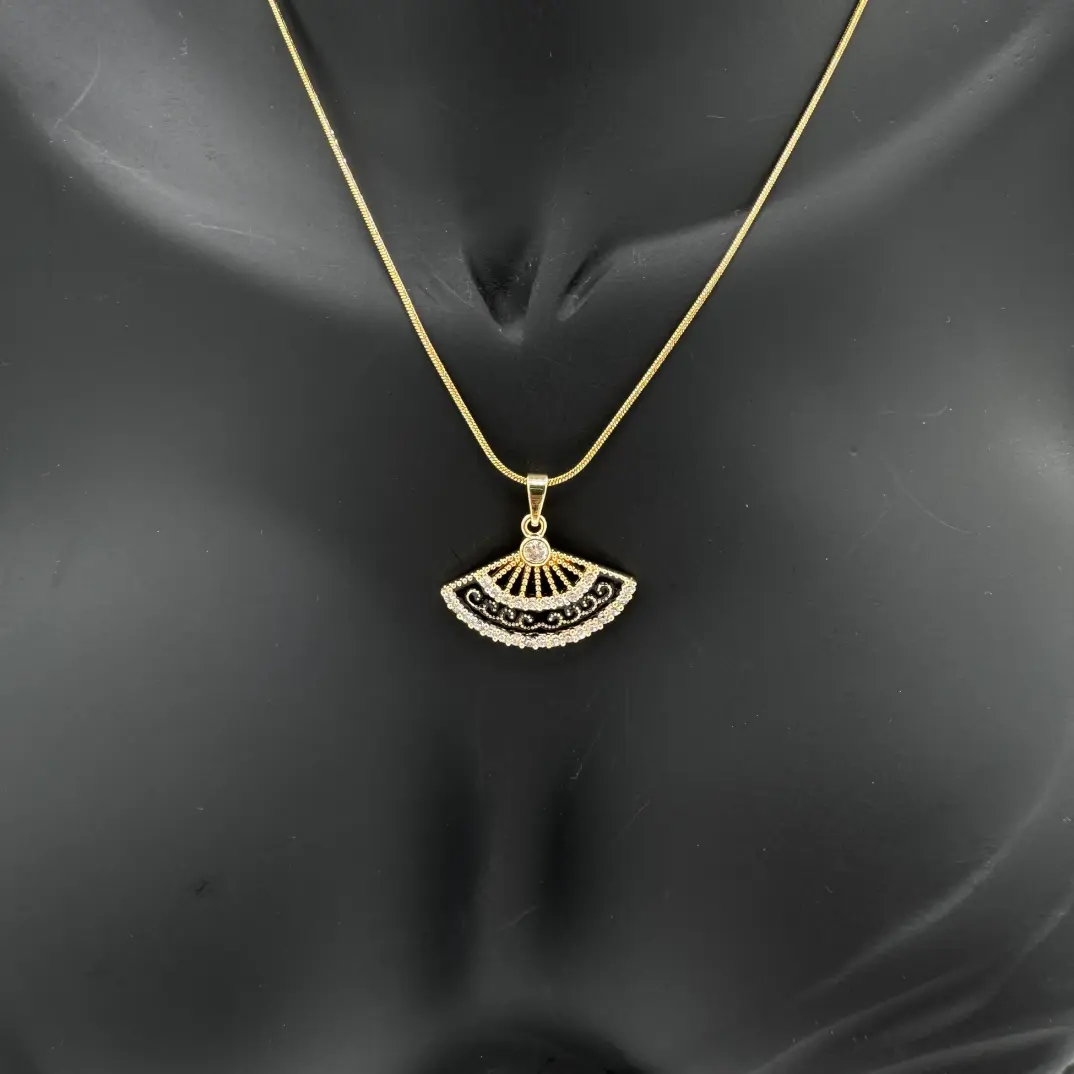 Çelik Yelpaze Siyah Trend Model Gold Kolye - 2