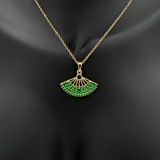 Çelik Yeşil Yelpaze Trend Model Gold Kolye - 2
