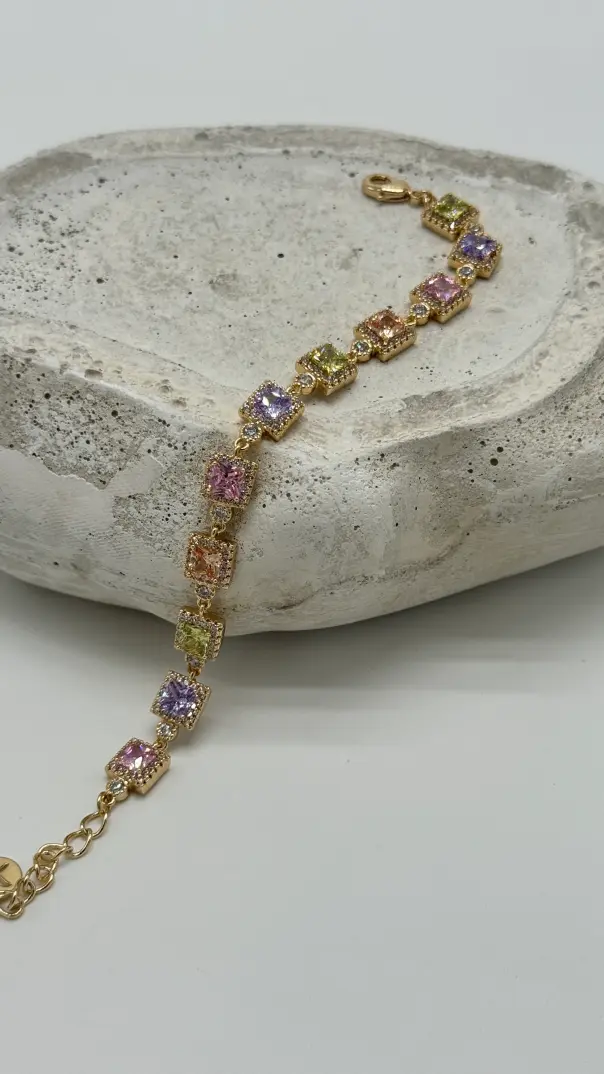 Özel Seri 14K Altın Kaplama Aurora Renkli Taşlı Kare Kesim Bileklik - Gold - 2