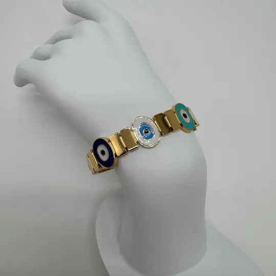 Özel Seri Çelik Büyük Nazar Boncuğu Detaylı Vintage Kelepçe - Gold