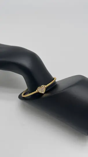 Özel Seri Çelik Kalp Detay Taşlı Kelepçe Bilezik - Gold - 4