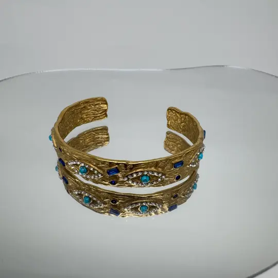 Özel Seri Çelik Mavi Göz Detay Vintage Kelepçe Bileklik - Gold
