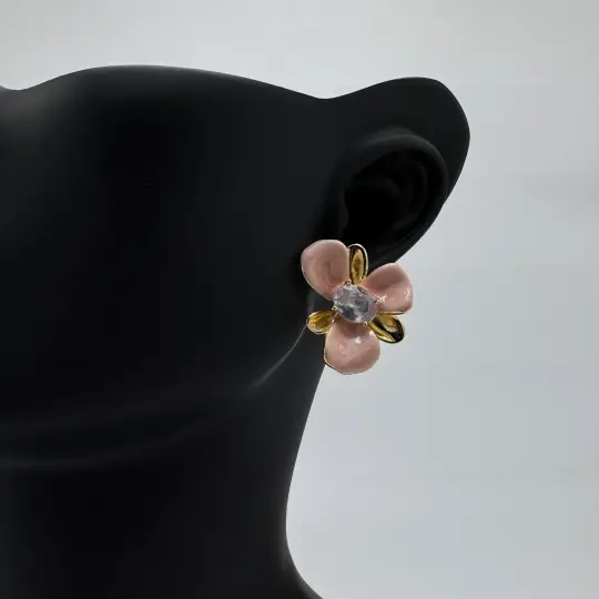 Özel Seri Çelik Pembe Taşlı Küpe - Gold