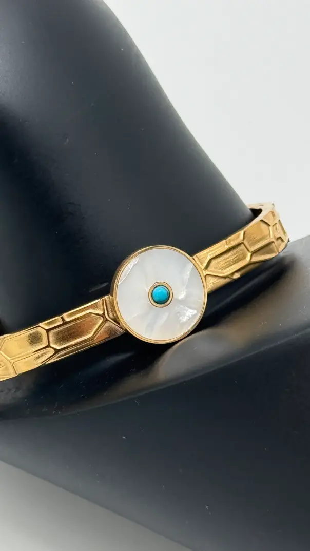 Özel Seri Çelik Vintage Beyaz Taş Detay Kelepçe Bilezik - Gold - 2
