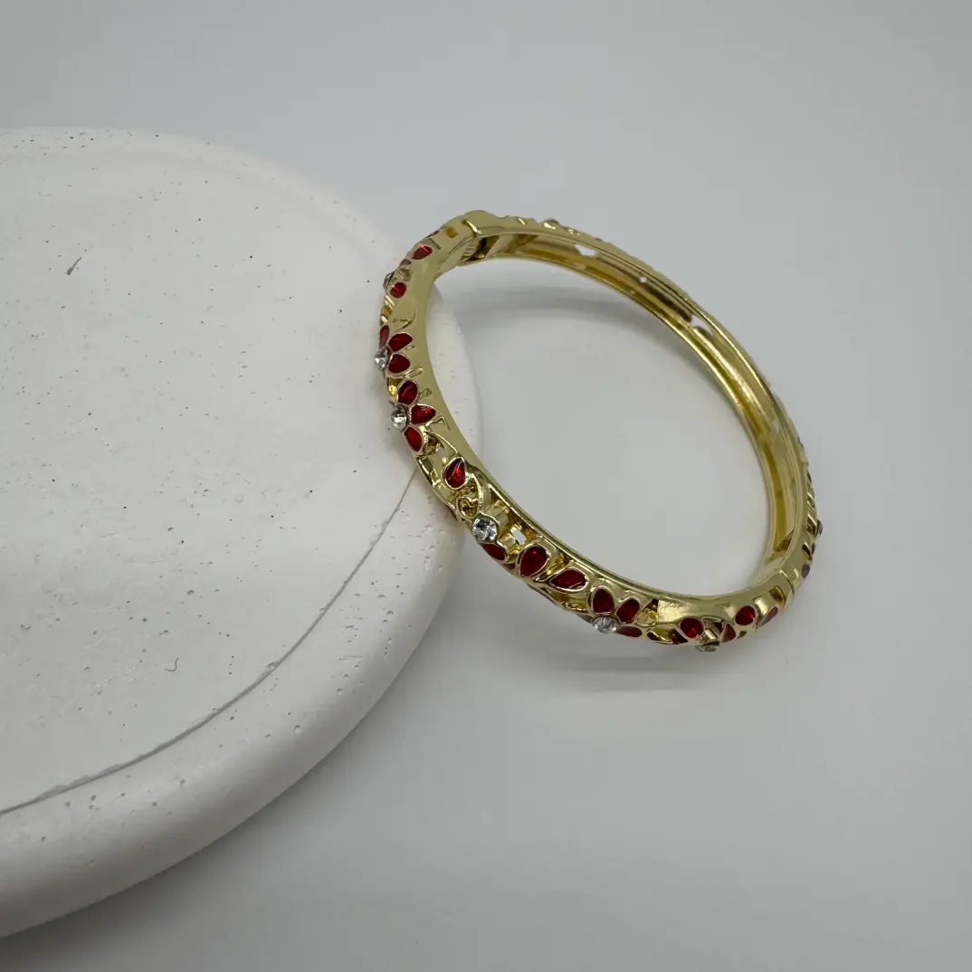 Özel Seri Kırmızı Mineli Çiçekli Kelepçe Bileklik - Gold - 2