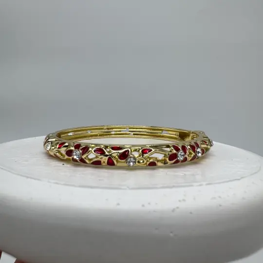 Özel Seri Kırmızı Mineli Çiçekli Kelepçe Bileklik - Gold - 3