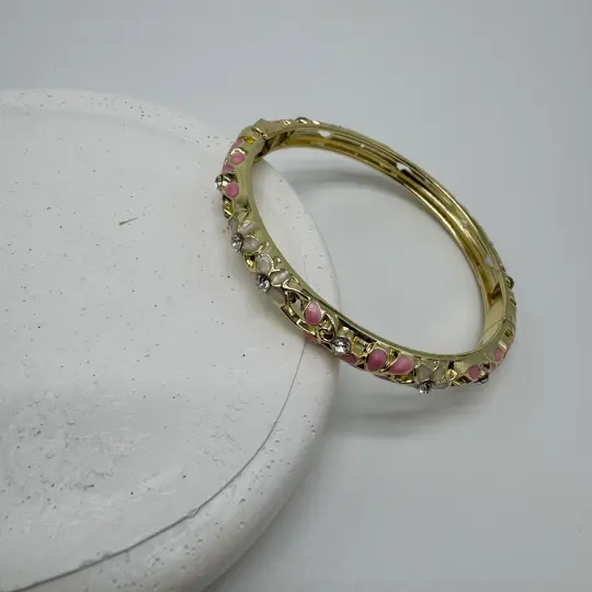 Özel Seri Pembe Beyaz Mineli Çiçekli Kelepçe Bileklik - Gold - 2