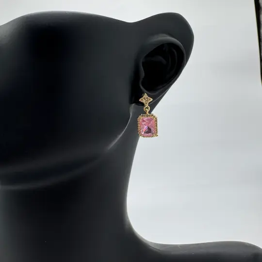 Özel Seri Prenses Model Pembe Taşlı Küpe - Gold
